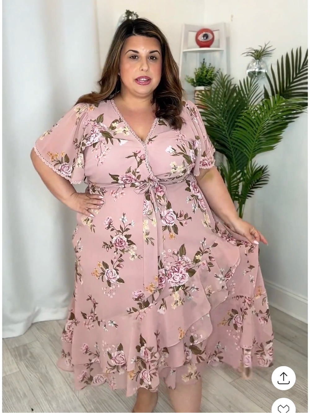 Plus Floral Tie-Waist Pink Midi Dress